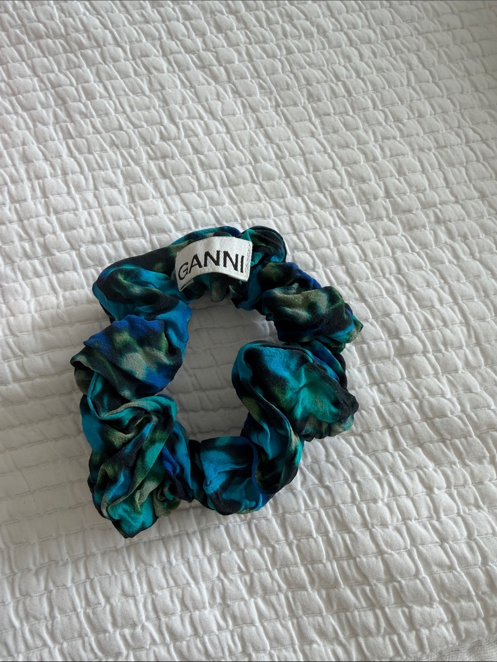 Ganni Teal and Blue Printed Silk Scrunchie